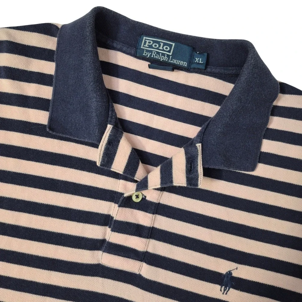 Polo Ralph Lauren Polo Shirt Mens XL Pink Navy Striped Cotton Pique Preppy Pony